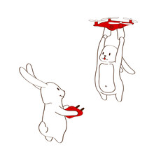 Illustration for valentine's day. Two white rabbits on a white background. Learn it gadgets. The picture will suit as stickers, icons, greeting cards