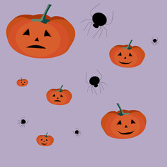 Pattern with the image of an orange pumpkin and a black spider on a lilac background.