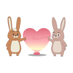 Two rabbits hold on to the heart. Cute Valentine's Day postcard. Vector illustration