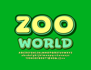Vector stylish sign Zoo World. Trendy bright Font. Funny Alphabet Letters and Numbers set