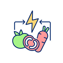 Increasing energy from vegan diet RGB color icon. Healthy menu for lifestyle. Nutrient ingredient. Sustainability and mindfulness. Vegetables as source of energy. Isolated vector illustration