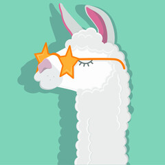 Image of a funny llama wearing glasses in the shape of stars. Flat vector illustration of a cute and fluffy alpaca. Template for postcards, banners, websites and printing houses. ©  Кромкина_О