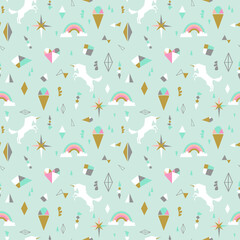Seamless pattern with unicorns, clouds,stars, diamond, ice cream. Vector background illustration