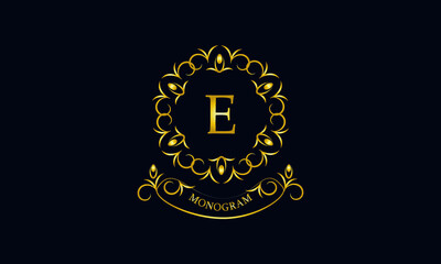 Stylish decorative monogram with a possible inscription and the letter E. Exclusive gold logo on a dark background for a cafe, a symbol of business, restaurant, hotel, invitations, menus, labels, fash