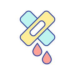First aid RGB color icon. Wood with blood. Skin damage. Bleeding from cut. Bandage and plaster. Patch to reduce bleeding. Health care. Hemophilia, medical problem. Isolated vector illustration