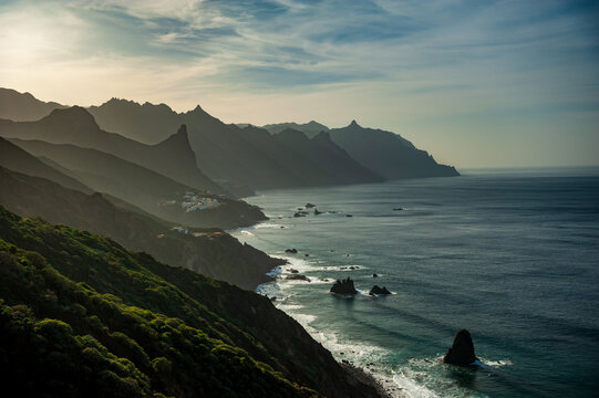 Sunset at Roque en Taganana, Landscapes of Taganana in Tenerife, Spain, Canary Islands. Hiking from Taganana along the trail through the Anaga mountains to Afur in north Tenerife Canary, Christmas