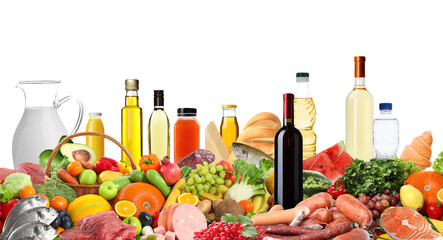 Assortment of fresh organic products on white background. Balanced food