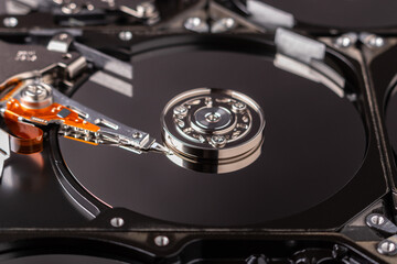 close up of an open hard disk drive