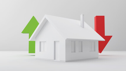 Visualization 3D render with house for real estate offer, clay color, growth and decline theme abstract background, with red and green arrow, increase and decrease idea , mockup advertising product, 