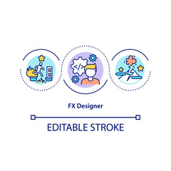 FX designer concept icon. Creating visual experiences in video games idea thin line illustration. Gameplay effects. Computer graphics. Vector isolated outline RGB color drawing. Editable stroke