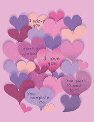 Card with hearts in the form of pasted stickers with love inscriptions on them