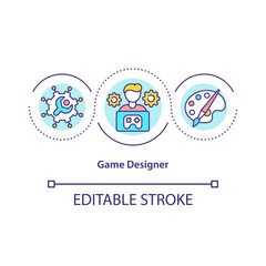 Fototapeta na wymiar Game designer concept icon. Conceptualizing game plots and storylines idea thin line illustration. Characters, gameplay development. Vector isolated outline RGB color drawing. Editable stroke