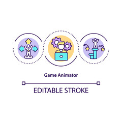 Fototapeta premium Game animator concept icon. Multimedia artist idea thin line illustration. Combining art and technology. Interactive animated image creation. Vector isolated outline RGB color drawing. Editable stroke