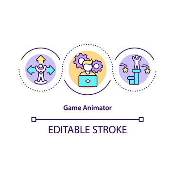 Game animator concept icon. Multimedia artist idea thin line illustration. Combining art and technology. Interactive animated image creation. Vector isolated outline RGB color drawing. Editable stroke