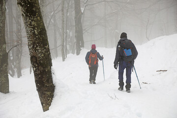 senderistas montañeros con bastones en la nieve niebla país vasco 4M0A7236-as21