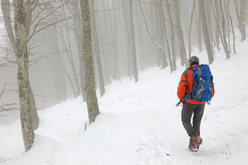 senderista montañero con grampones en la nieve  país vasco 4M0A7237-as21