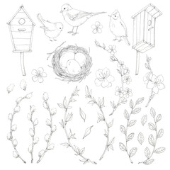 Spring set with birdhouses, birds, nest, blooming branches of willow and almond, flowers hand drawn in pen ink. Collection of graphic design elements in sketch style.