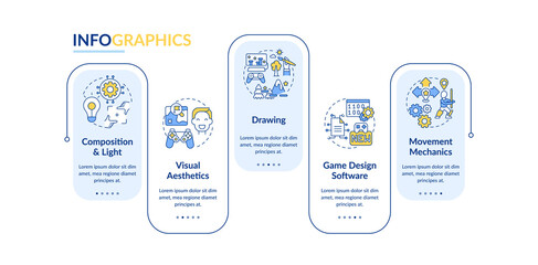 Game designer skills vector infographic template. Visual aesthetics presentation design elements. Data visualization with 5 steps. Process timeline chart. Workflow layout with linear icons