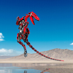 cyber raptor is doing an air support pose on the desert after rain close up view