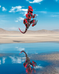 cyber raptor is jumping on the desert after rain