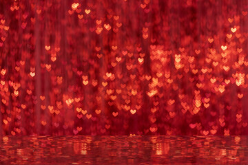 Shining heart shaped spots. Bokeh background mirror reflection. Decorative curtain in blur. Nice...