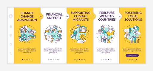 Social change catalyst adaptation onboarding vector template. Responsive mobile website with icons. Climate justice. Webpage walkthrough 5 step screens. Supporting climate migrants. RGB color concept