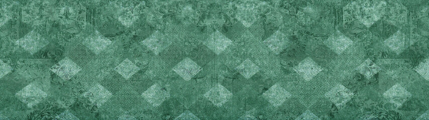 Old green vintage worn shabby elegant damask rue diamond floral leaves flower patchwork motif tiles...