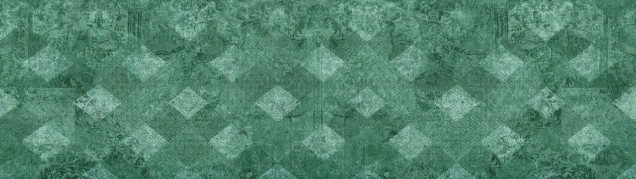 Old green vintage worn shabby elegant damask rue diamond floral leaves flower patchwork motif tiles stone concrete cement wall wallpaper texture background banner panorama