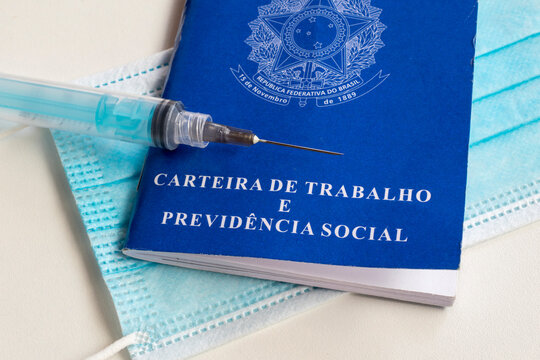 Employment and Social Security Card. vaccine syringe, face protection mask and Brazilian work card.