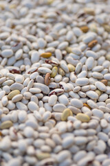 Shelled ripe seeds of kidney bean on heap. Pile of dry raw seeds of haricot (Phaseolus vulgaris) as...