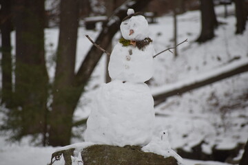 Winter fun with a silly looking snowman on top of a rock in the forest