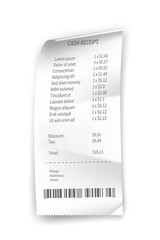Receipt, paper bill, shop and supermarket check vector illustration template. Realistic list of purchases with prices, barcode, taxes, payment with money on white. Finance transactions