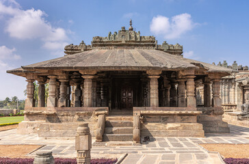 Lakkundi, Karnataka, India - November 6, 2013: Brown stone Mandapam closeup of Brahma Jinalaya...