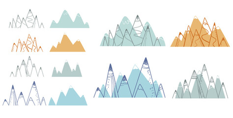 Set of different cartoon flat mountains, vector illustration wall design