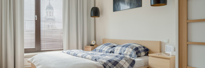 Simple and bright bedroom, panorama