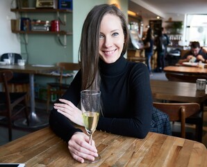 Portrait of a young white woman sitting at table smiling feeling happy and drinking champagne in cafe.