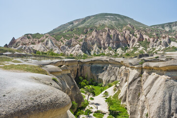 Panorama of Cappadocia with magnificent stone structures and caves near Goreme, Cappadocia, Anatolia, Turkey