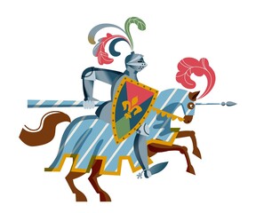 Medieval knight in armor on horse character. Warrior with spear and shield in Middle Ages period vector illustration. Chivalrous brave man with weapon in tournament isolated on white background