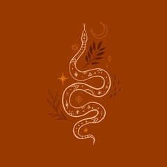 Magical starry snake line art, ornate animal, boho design. Vector illustration