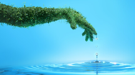 Water preserve concept, nature in shape of human hand dropping a water drop with rings and small...