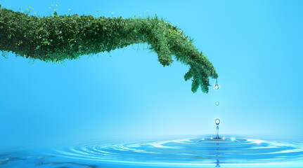 Water preserve concept, nature in shape of human hand dropping a water drop with rings and small splash