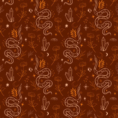 Magical starry snake line art, ornate animals seamless pattern, boho design.