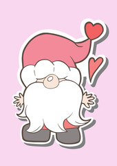 A cute Gnomes standing with heart. Hand drawn chibi cartoon character with love pink color. Doodle style for decoration or any design. Vector illustration about Valentine day.
