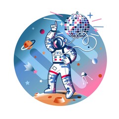 Funny astronaut dancing to disco in space. Man listening to funky disco music in spacesuit. Space exploration fun entertainment vector illustration. Cosmonaut in universe