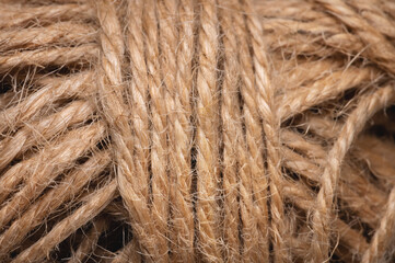 Natural jute twine macro photography. Jute thread texture. A coil of jute rope.