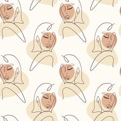 Line art modern minimalist woman face seamless pattern. Vector illustration