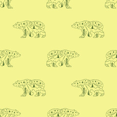 Folk contour bear landscape, minimalist line art seamless pattern.
