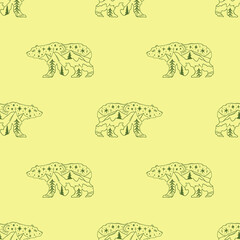 Folk contour bear landscape, minimalist line art seamless pattern.