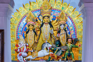 Idol of Goddess Devi Durga at Sovabazar Rajbari, Kolkata, West Bengal, India. Durga Puja is a famous and major religious festival of Hinduism that is celebrated throughout the world.