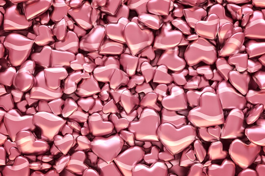 Background of a lot of mixed shiny 3d pink golden hearts, Saint Valentine's day celebration concept. 3d render illustration.